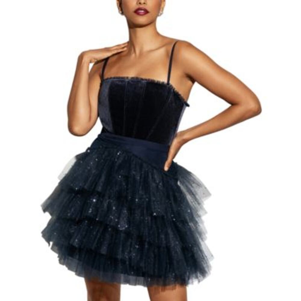 Betsy & Adam Dress Blue Fit & Flare Glitter Tulle Ruffle Sparkle Tiered Size 2